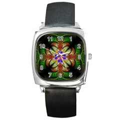 Fractal-abstract-flower-floral- -- Square Metal Watch