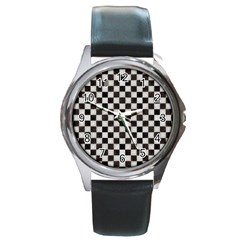 Large Black And White Watercolored Checkerboard Chess Round Metal Watch