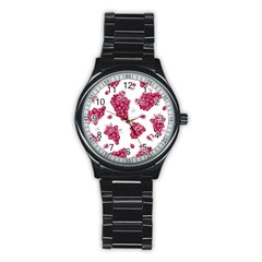 Grape-bunch-seamless-pattern-white-background-with-leaves 001 Stainless Steel Round Watch by nate14shop