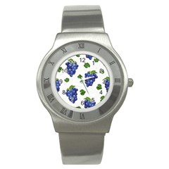 Grape-bunch-seamless-pattern-white-background-with-leaves Stainless Steel Watch by nate14shop