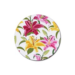 Lily-flower-seamless-pattern-white-background 001 Rubber Coaster (round) by nate14shop