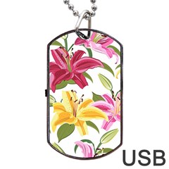 Lily-flower-seamless-pattern-white-background 001 Dog Tag Usb Flash (two Sides) by nate14shop