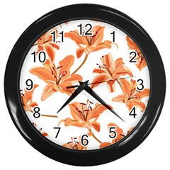 Lily-flower-seamless-pattern-white-background Wall Clock (black) by nate14shop