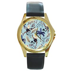 Tropical-leaves-seamless-pattern-with-monkey Round Gold Metal Watch by nate14shop