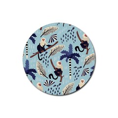 Tropical-leaves-seamless-pattern-with-monkey Rubber Round Coaster (4 Pack) by nate14shop