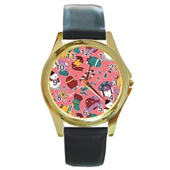 Hand-drawn-christmas-pattern-design Round Gold Metal Watch by nate14shop