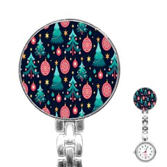 Hand-drawn-flat-christmas-pattern Stainless Steel Nurses Watch by nate14shop