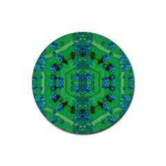 Vines Of Beautiful Flowers On A Painting In Mandala Style Rubber Round Coaster (4 Pack) by pepitasart