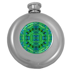 Vines Of Beautiful Flowers On A Painting In Mandala Style Round Hip Flask (5 Oz) by pepitasart