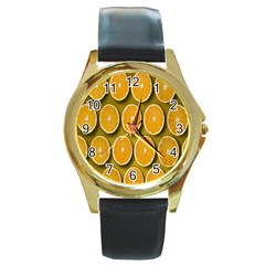 Oranges Slices  Pattern Round Gold Metal Watch by artworkshop