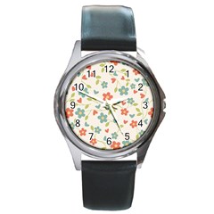  Background Colorful Floral Flowers Round Metal Watch by artworkshop