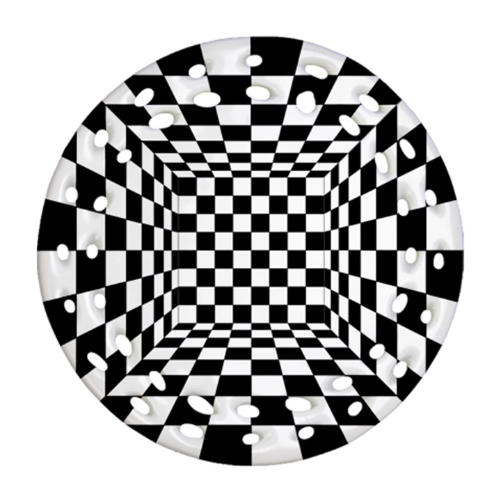 Black And White Chess Checkered Spatial 3d Round Filigree Ornament (Two Sides)