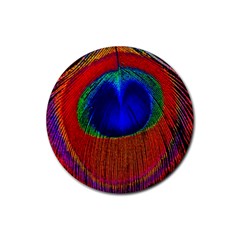 Red Peacock Plumage Fearher Bird Pattern Rubber Coaster (round) by Wegoenart