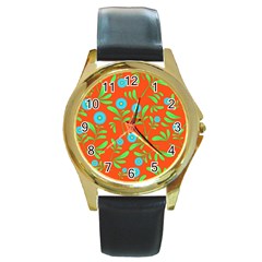 Background-texture-seamless-flowers Round Gold Metal Watch