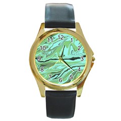Waves Marbled Abstract Background Round Gold Metal Watch