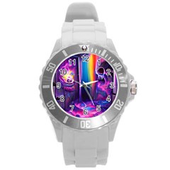 Purple Drawing Digital Art Round Plastic Sport Watch (l) by Amaryn4rt