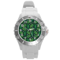 Leaves Snowflake Pattern Holiday Round Plastic Sport Watch (l) by Amaryn4rt