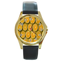 Orange Slices Cross Sections Pattern Round Gold Metal Watch