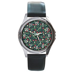 Flowering-branches-seamless-pattern Round Metal Watch by Zezheshop