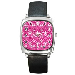 Pink  Lace Decorative Ornament - Pattern 14th And 15th Century - Italy Vintage Square Metal Watch by ConteMonfrey