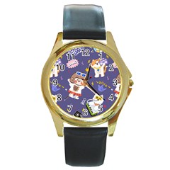 Girl Cartoon Background Pattern Round Gold Metal Watch