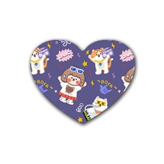 Girl Cartoon Background Pattern Rubber Heart Coaster (4 Pack)