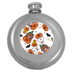 Illustration Pumpkin Bear Bat Bunny Chicken Round Hip Flask (5 Oz)