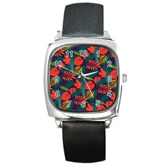 Leaves Pattern Wallpaper Seamless Square Metal Watch by Sudhe