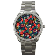 Leaves Pattern Wallpaper Seamless Sport Metal Watch