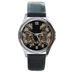 Animalsangry Male Lions Conflict Round Metal Watch