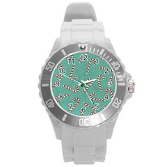 Christmas Candy Cane Background Round Plastic Sport Watch (L)