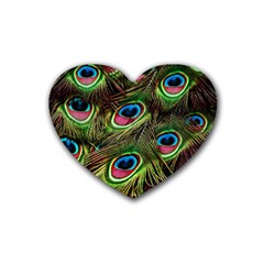 Peacock Feathers Color Plumage Rubber Heart Coaster (4 Pack) by Celenk