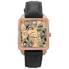Leaves Monstera Picture Print Pattern Rose Gold Leather Watch  by Ravend
