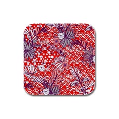 Leaf Red Point Flower White Rubber Square Coaster (4 Pack) by Ravend