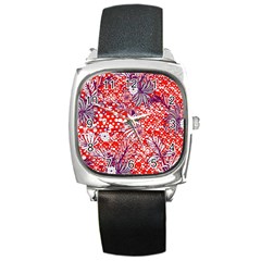 Leaf Red Point Flower White Square Metal Watch