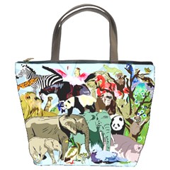 Zoo-animals-peacock-lion-hippo- Bucket Bag by Pakrebo