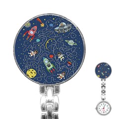 Illustration Cat Space Astronaut Rocket Maze Stainless Steel Nurses Watch