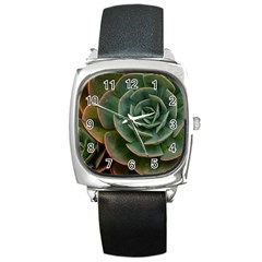 Green Orchid Plant Pattern Square Metal Watch