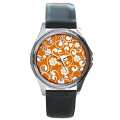 Orange Floral Walls  Round Metal Watch by ConteMonfrey