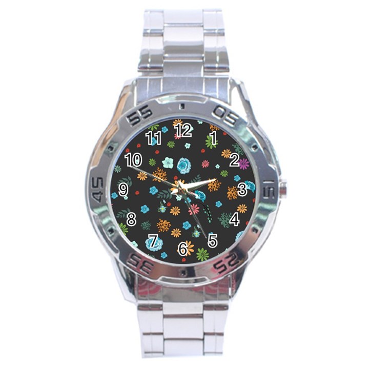 Flowers-leaves Leaf Background Floral Flora Stainless Steel Analogue Watch