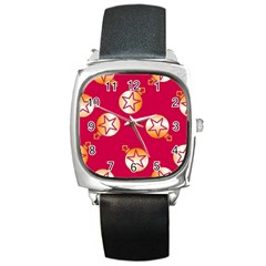 Orange Ornaments With Stars Pink Square Metal Watch