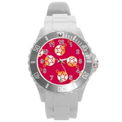 Orange Ornaments With Stars Pink Round Plastic Sport Watch (L)