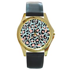 Blue And Pink Jaguar Dots Leopard Round Gold Metal Watch by ConteMonfreyShop