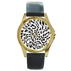 Leopard Print Black And White Draws Round Gold Metal Watch by ConteMonfreyShop