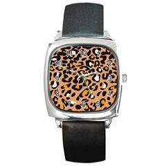 Leopard  Spots Brown White Orange Square Metal Watch by ConteMonfreyShop