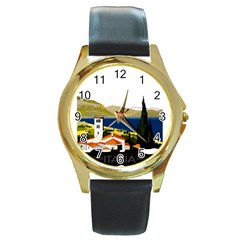 River Small Town Landscape Round Gold Metal Watch by ConteMonfrey