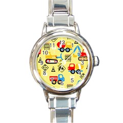 Seamless Pattern Vector Industrial Vehicle Cartoon Round Italian Charm Watch