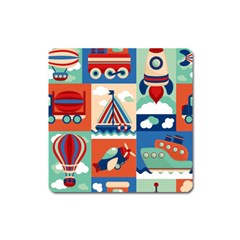 Toy Transport Cartoon Seamless-pattern-with-airplane-aerostat-sail Yacht Vector Illustration Square Magnet