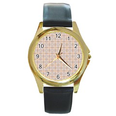 Portuguese Vibes - Brown and white geometric plaids Round Gold Metal Watch