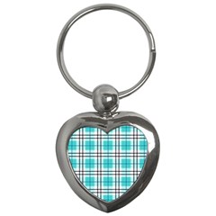 Black, White And Blue Turquoise Plaids Key Chain (heart) by ConteMonfrey